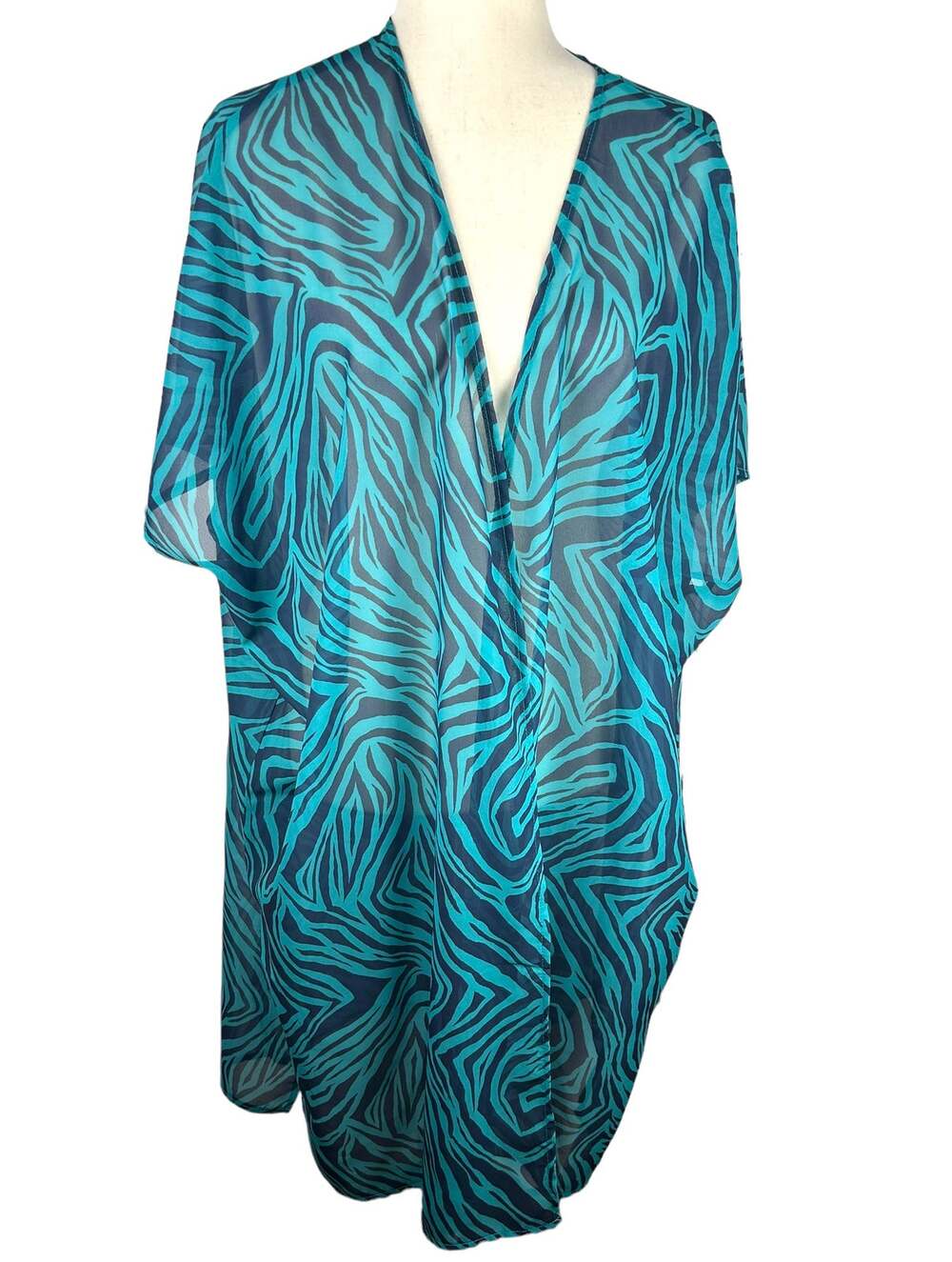 Lucky and Blessed Sheer Teal Navy Animal Print Long Open Kimono Cover Up Size M